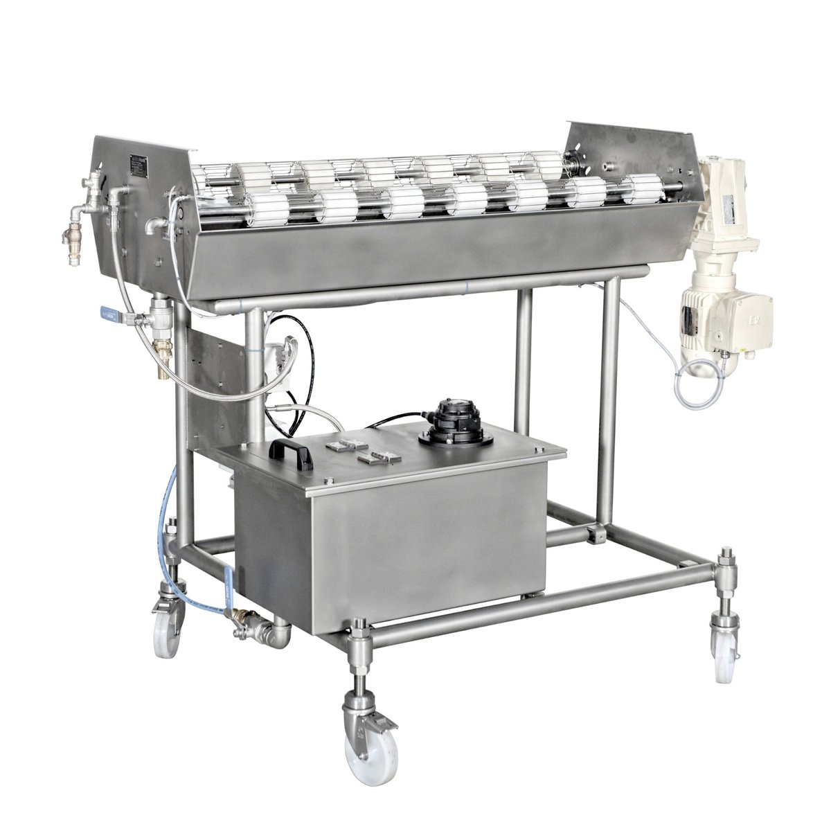 Extrufood waxing station — compact wheeled unit with grooved guiding rollers for applying wax or oil to extruded products